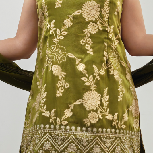 Mehendi Green Tissue Silk Jacquard Kurti with Palazzo & Dupatta