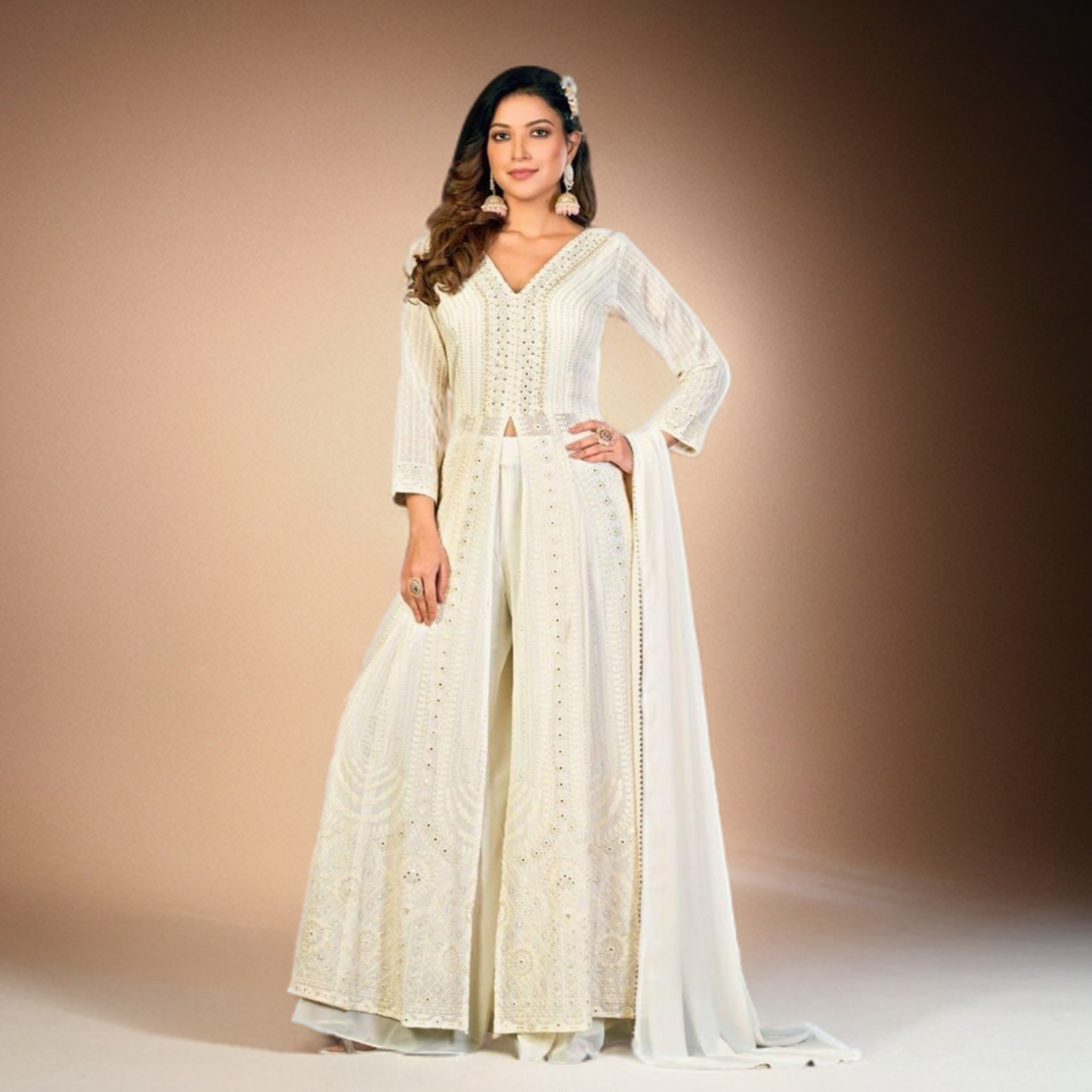 Ivory Embroidered Anarkali Kurti with Palazzo & Dupatta