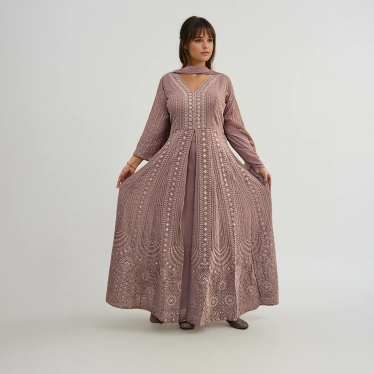 Dusty Mauve Embroidered Anarkali Kurti with Palazzo & Dupatta