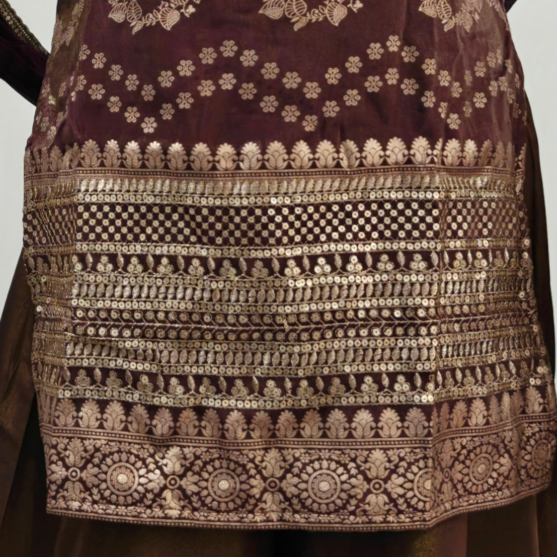 Plum Brown Jacquard Tissue Kurti with Tissue Palazzo Set