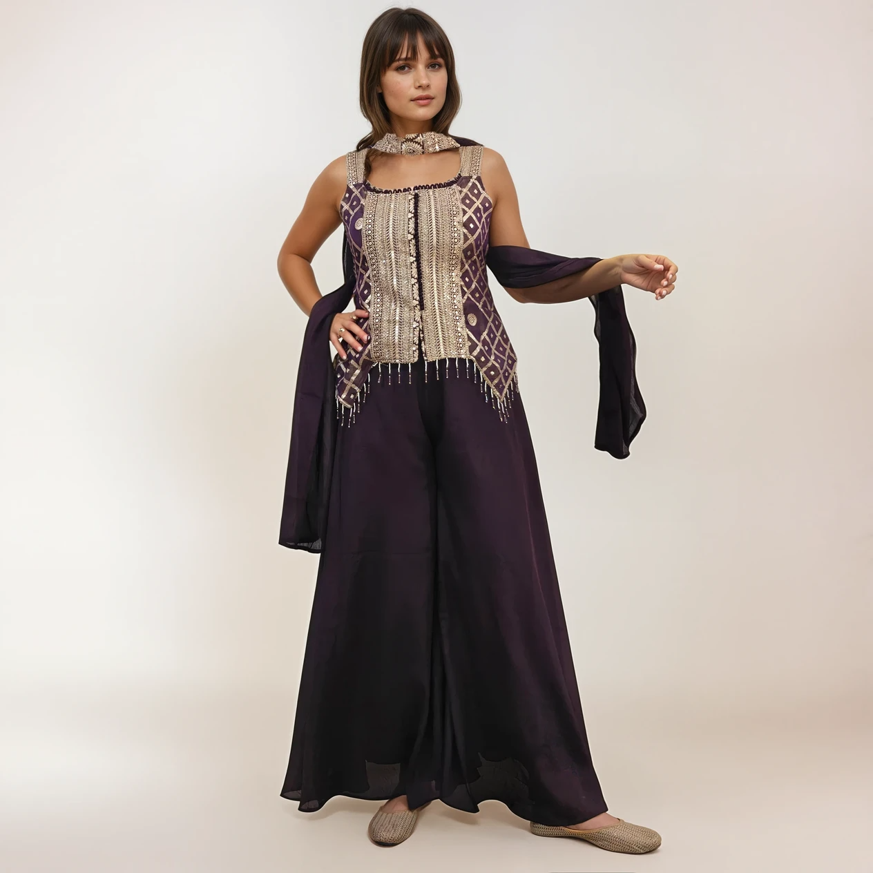 Deep Purple Jacquard Tissue Ethnic Top with Tissue Palazzo