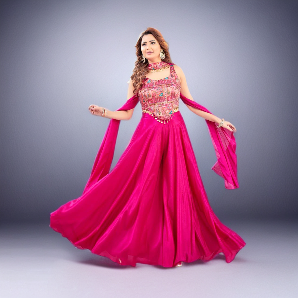 Fuchsia Crepe Palazzo with Jacquard Embroidered Choli Set
