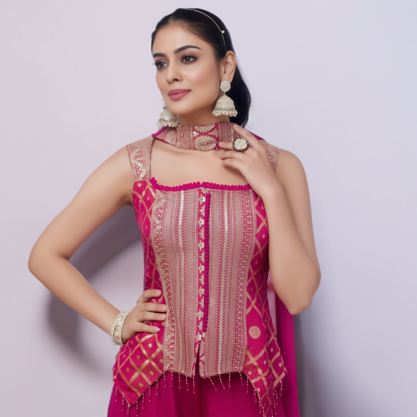 Magenta Jacquard Tissue Ethnic Top with Tissue Palazzo