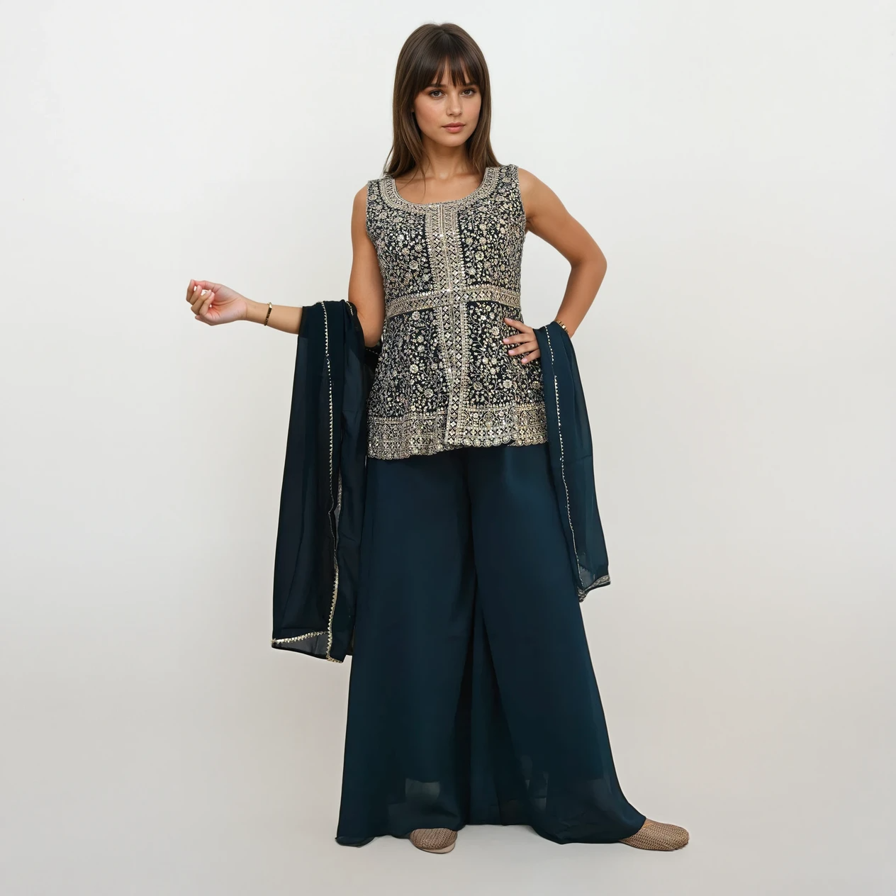 Dark Teal Embroidered Peplum Top with Palazzo & Dupatta Set