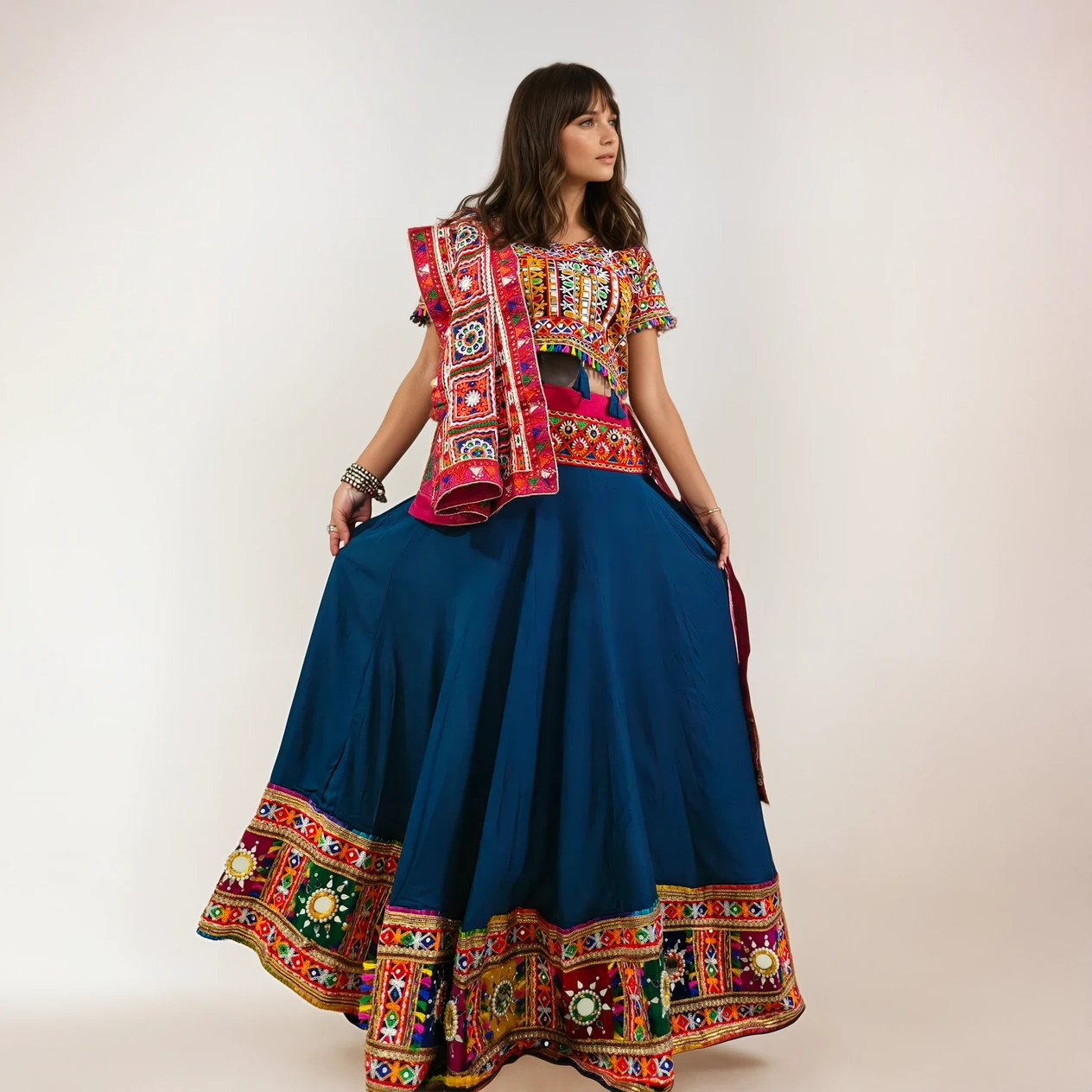 Heavy Embroidered Mirror-Work Chaniya Choli with Free-Size Blouse