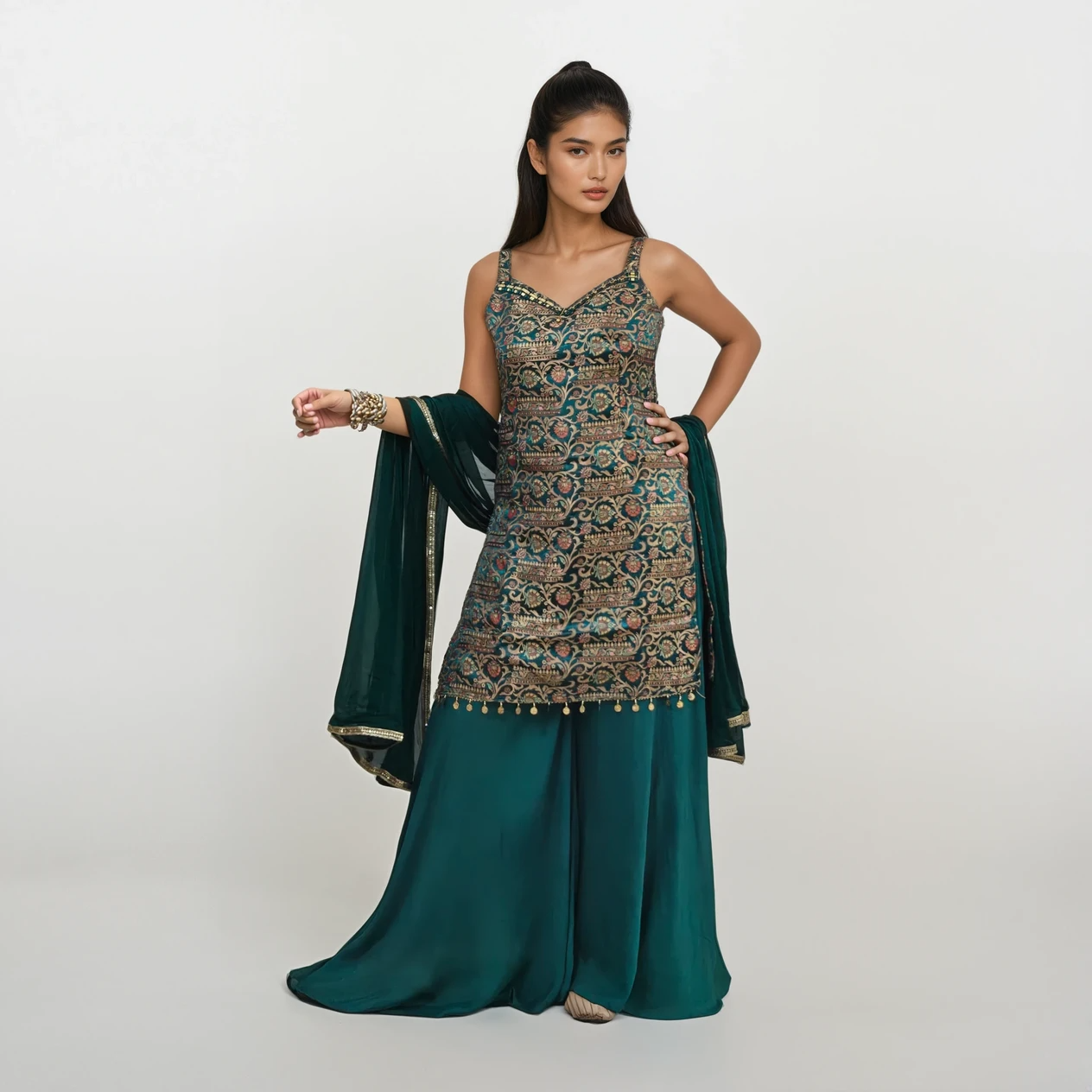 Teal Luxe Jacquard Kurti with Palazzo Set