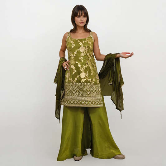 Mehendi Green Tissue Silk Jacquard Kurti with Palazzo & Dupatta