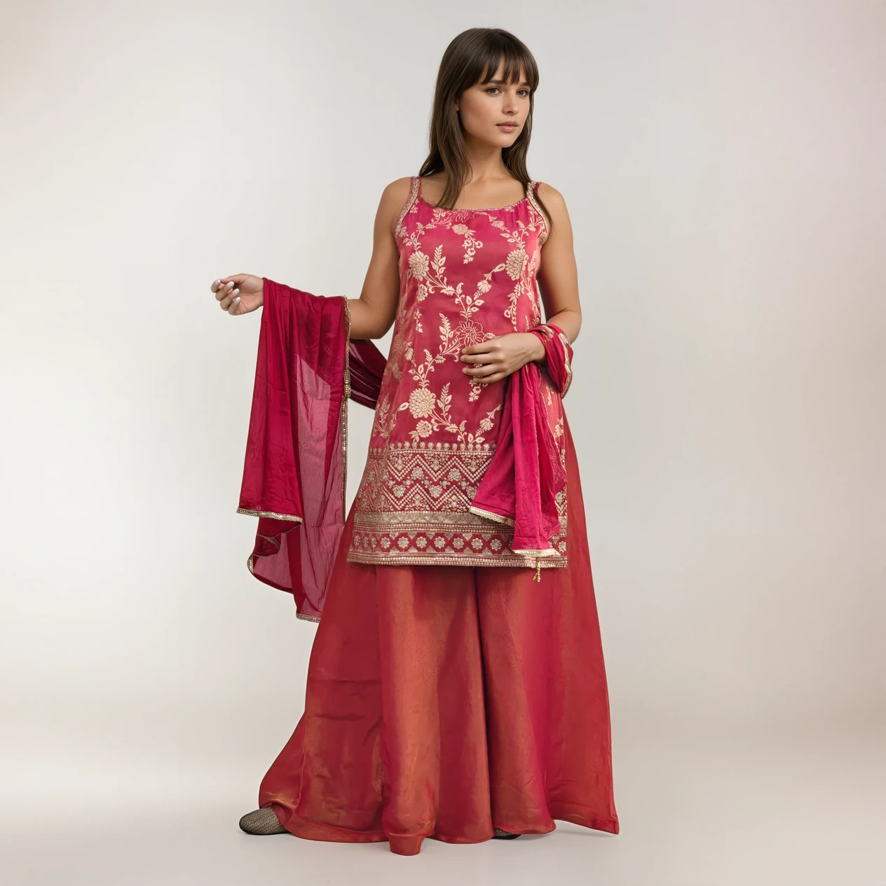Golden Pink Tissue Silk Jacquard Kurti with Palazzo & Dupatta