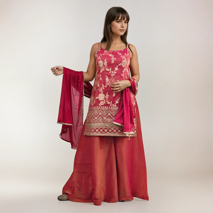 Golden Pink Tissue Silk Jacquard Kurti with Palazzo & Dupatta