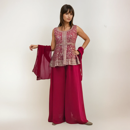 Burgundy Embroidered Peplum Top with Palazzo & Dupatta Set