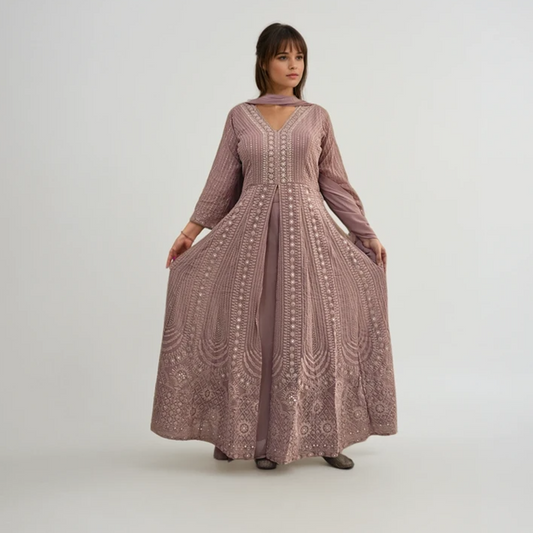 Dusty Mauve Embroidered Anarkali Kurti with Palazzo & Dupatta