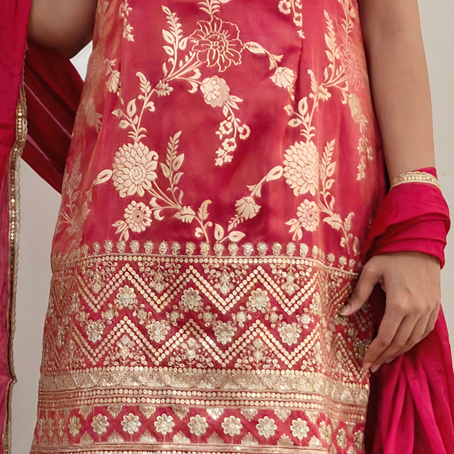 Golden Pink Tissue Silk Jacquard Kurti with Palazzo & Dupatta