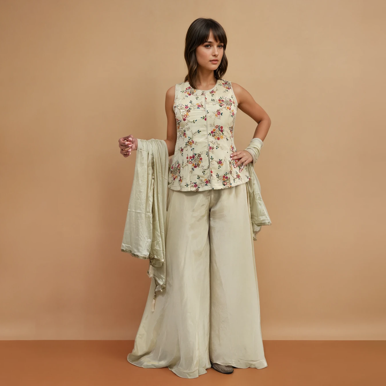 Ivory Floral Embroidered Top with Palazzo Set