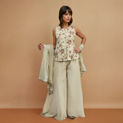 Ivory Floral Embroidered Top with Palazzo Set