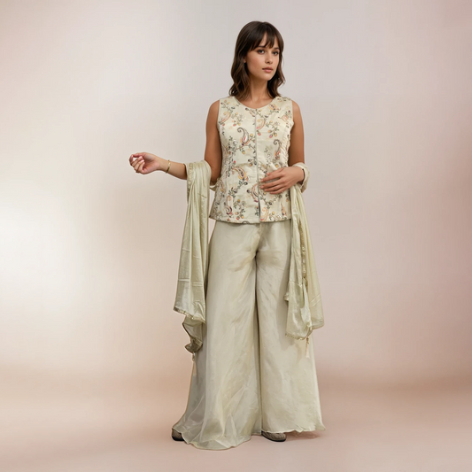 Ivory Tissue Co-ord Set with Hand & Machine Embroidery