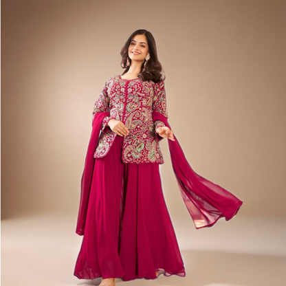 Kashmiri Embroidered Maharani Pink Georgette Top with Palazzo
