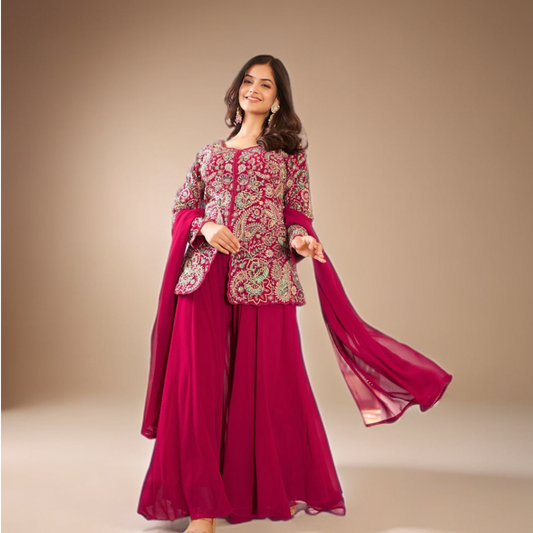 Kashmiri Embroidered Maharani Pink Georgette Top with Palazzo