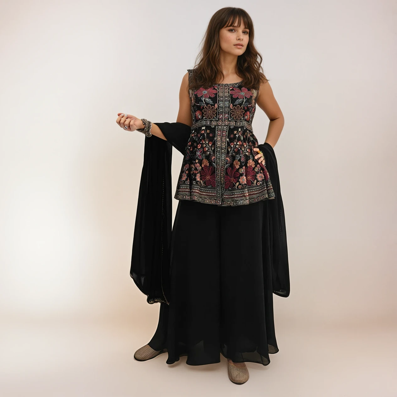 Kashmiri Embroidered Noir Georgette Kurti with Palazzo