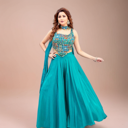 Teal Crepe Palazzo with Jacquard Embroidered Choli Set