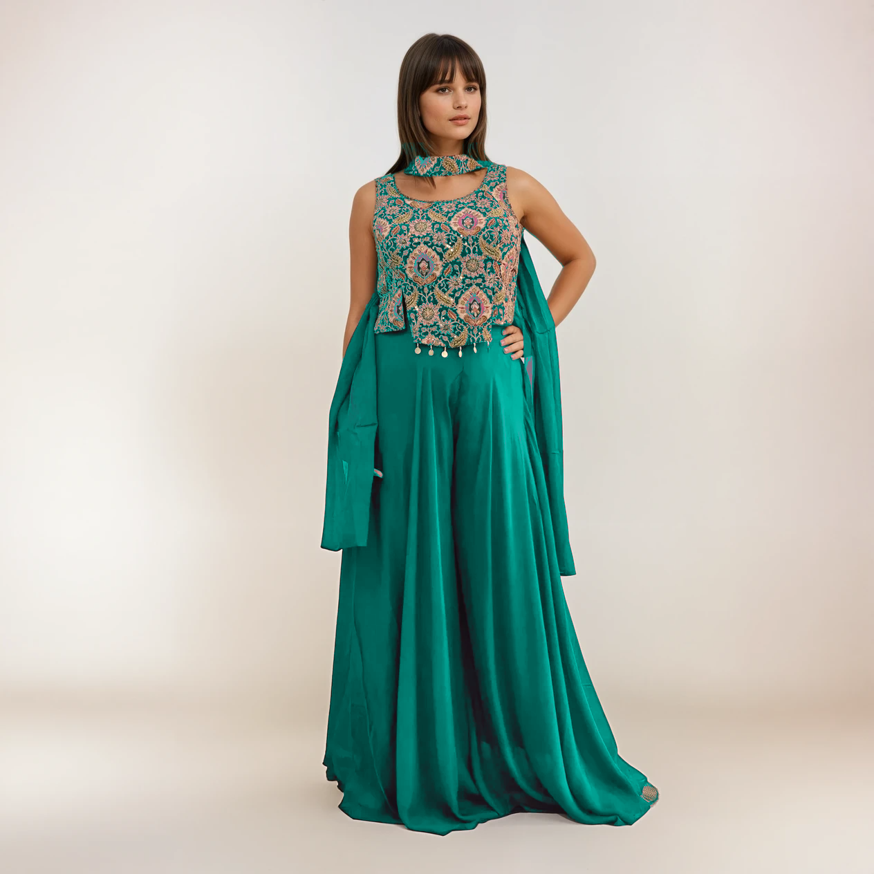 Embroidered Crop Kurti with Flowing Teal Palazzo Set