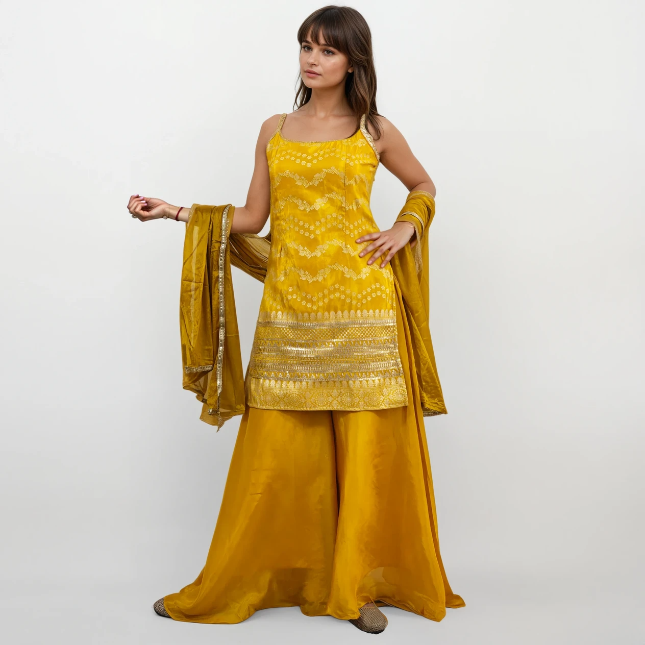 Golden Mustard Jacquard Kurti with Palazzo Set