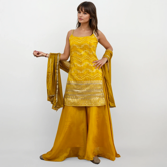 Golden Mustard Jacquard Kurti with Palazzo Set