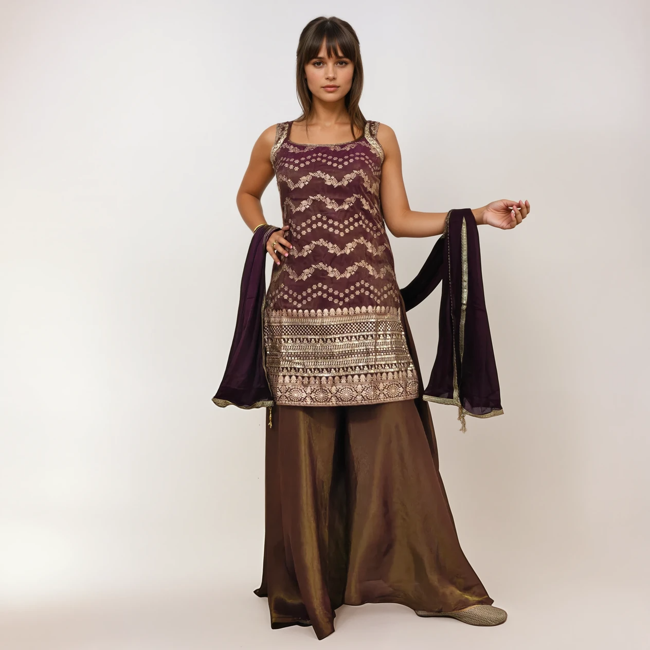 Plum Brown Jacquard Tissue Kurti with Tissue Palazzo Set