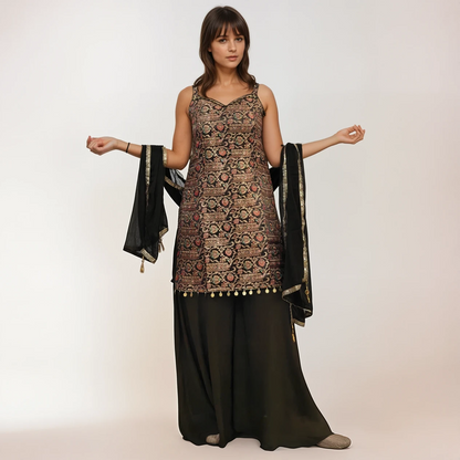 Deep Mocha Jacquard Kurti with Palazzo Set