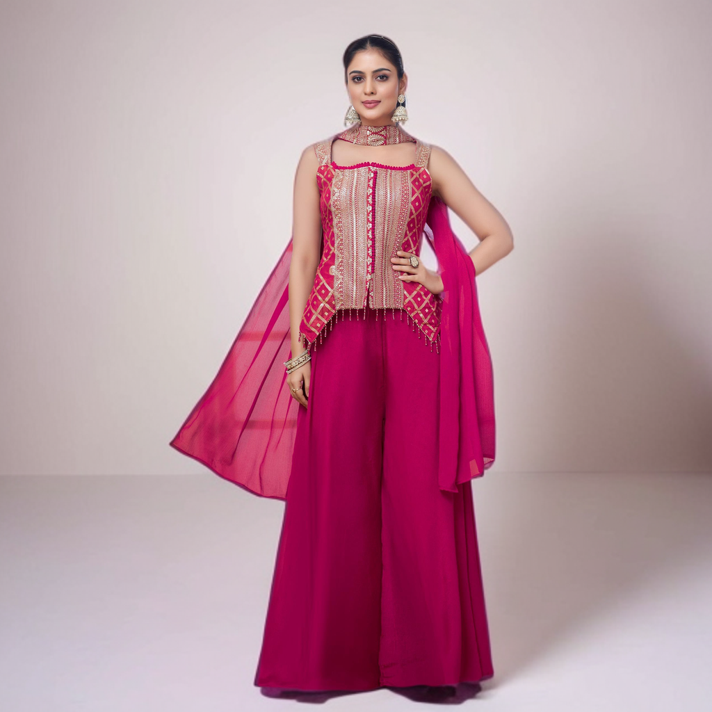 Magenta Jacquard Tissue Ethnic Top with Tissue Palazzo