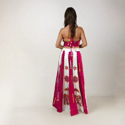 Pink & White Elephant Print Mirror-Work Chaniya Choli