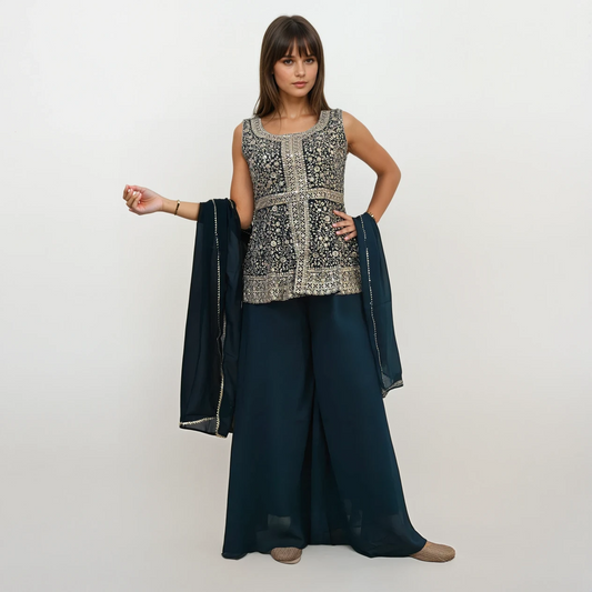 Dark Teal Embroidered Peplum Top with Palazzo & Dupatta Set