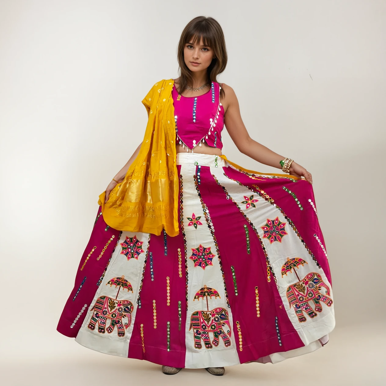 Pink & White Elephant Print Mirror-Work Chaniya Choli