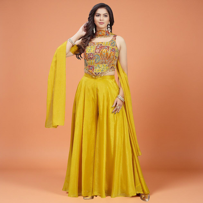 Mustard Yellow Crepe Palazzo with Jacquard Apple-Cut Choli